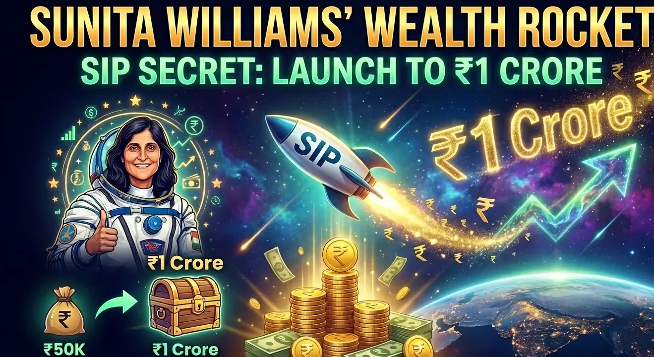 Digital illustration of astronaut Sunita Williams in a space suit next to a glowing SIP wealth rocket, featuring gold rupee coins, a treasure chest, and financial growth charts toward a ₹1 Crore goal.