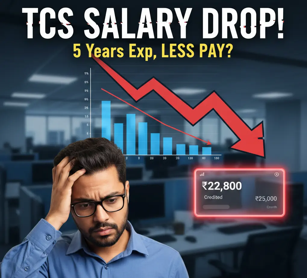 A worried Indian IT professional looking at a declining salary graph and a notification showing a pay drop from ₹25,000 to ₹22,800, representing the TCS salary drop news.