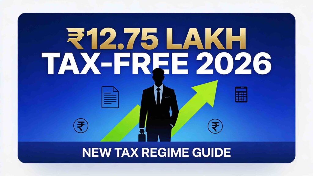 Thumbnail showing “₹12.75 Lakh Tax-Free 2026” with an Indian professional, upward arrow, tax icons and “New Tax Regime Guide” text.