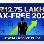 Thumbnail showing “₹12.75 Lakh Tax-Free 2026” with an Indian professional, upward arrow, tax icons and “New Tax Regime Guide” text.