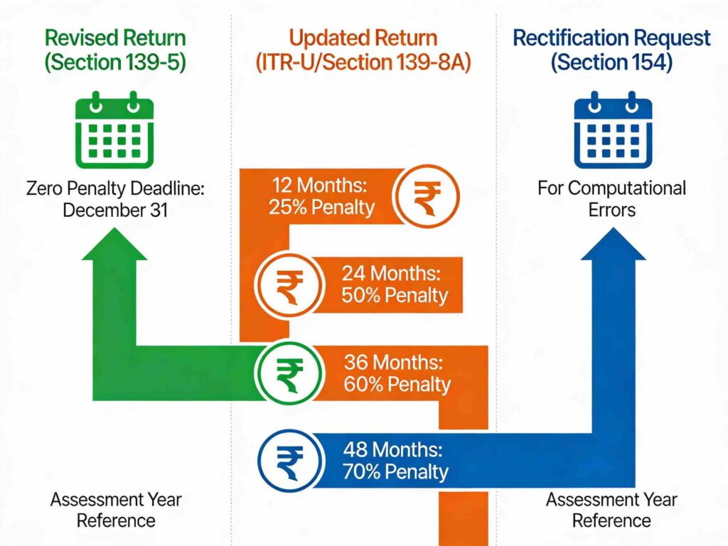 4-year tax return correction timeline showing three pathways: Revised Return with zero penalty deadline of December 31, Updated Return with 4-year timeline and progressive penalties of 25%, 50%, 60%, and 70%, and Rectification Request for computational errors