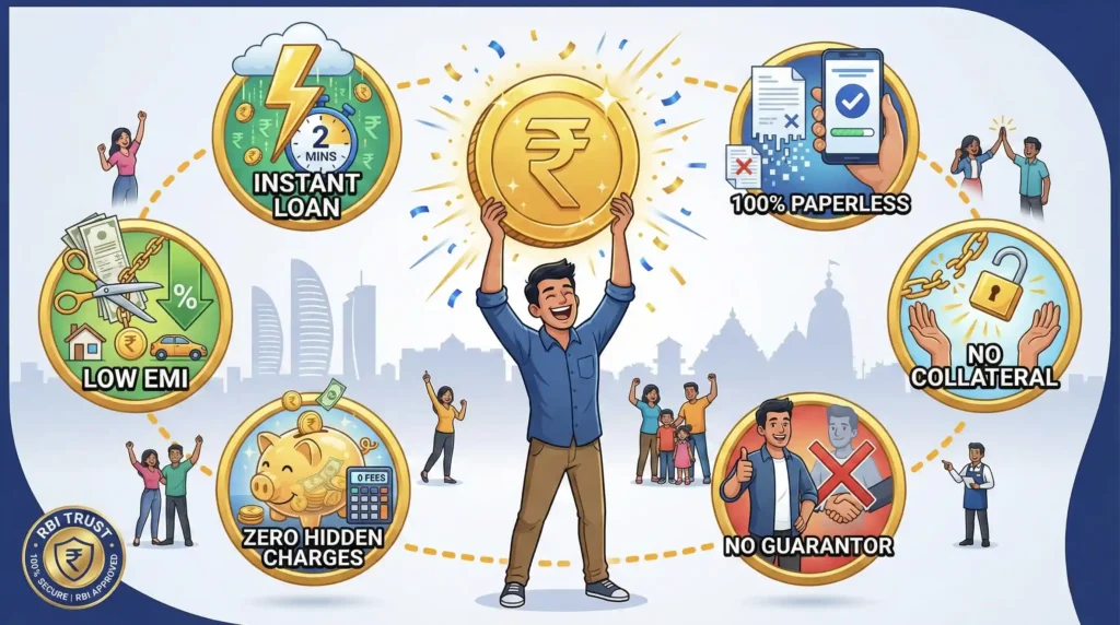 Illustration of joyful Indian man holding giant gold rupee coin, surrounded by icons for instant personal loan, 100% paperless process, no collateral, no guarantor, zero hidden charges, and low EMI on BankerMoney.com