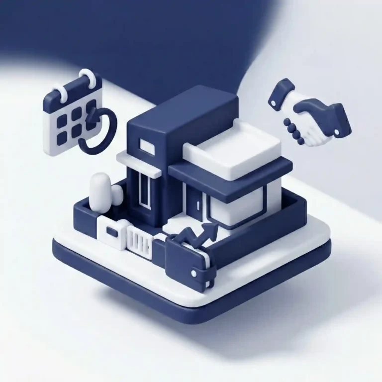 3D illustration of modern home loan in India with house, calendar for flexible tenures, handshake for trusted partnerships, and wallet for affordable financing at BankerMoney