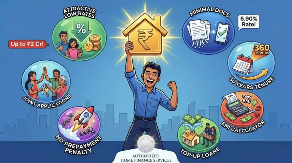 Affordable home loan in India illustration: Man celebrates house with icons for up to ₹2 Cr loan, low interest rates, 90% financing, 30 years tenure, no prepayment penalty, joint applications, minimal documents, and EMI calculator from authorized home finance services