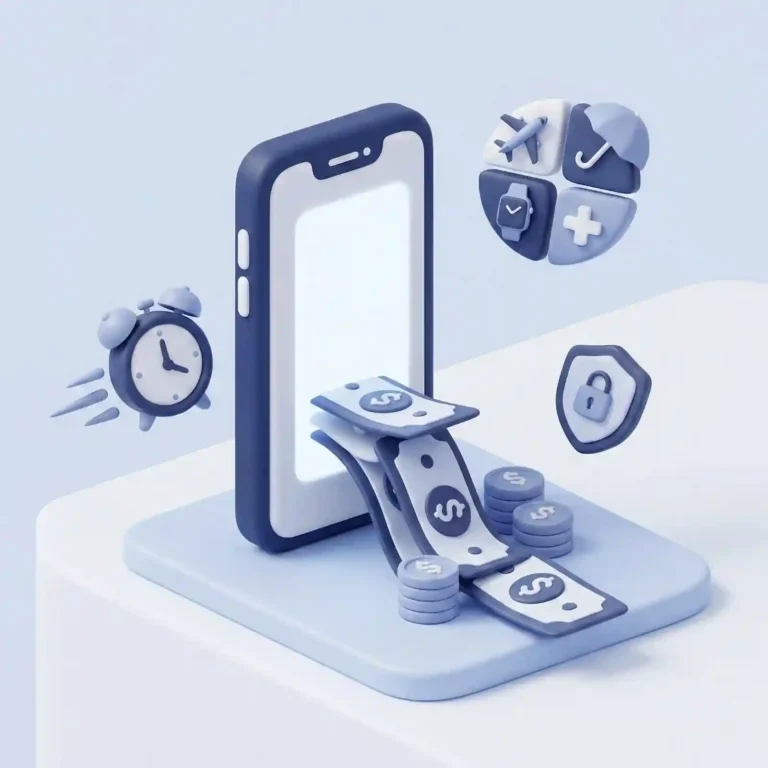 3D illustration of instant personal loan on smartphone: Money flows from phone with clock for quick approval, security shield, travel/medical icons for flexible use at BankerMoney