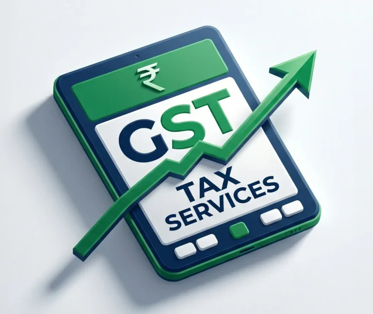 A grid of colorful icons representing various GST services including Registration, Returns, and Revocation.