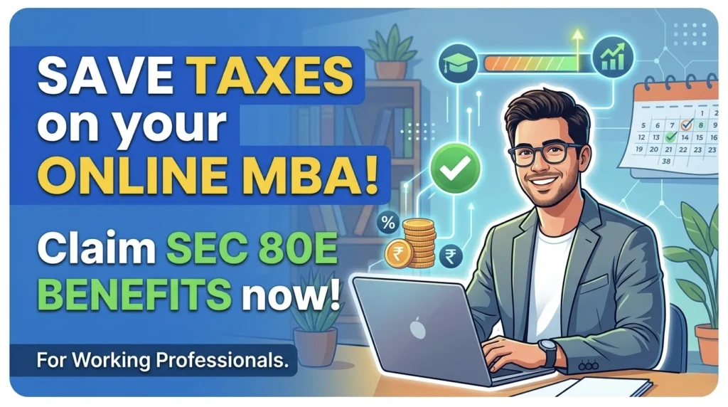 Illustration of a working professional showing how to save taxes on an online MBA education loan using Section 80E benefits.