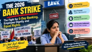 2026 bank strike campaign highlighting 5-day banking, employee rights, job security, fair treatment, and workplace pressure