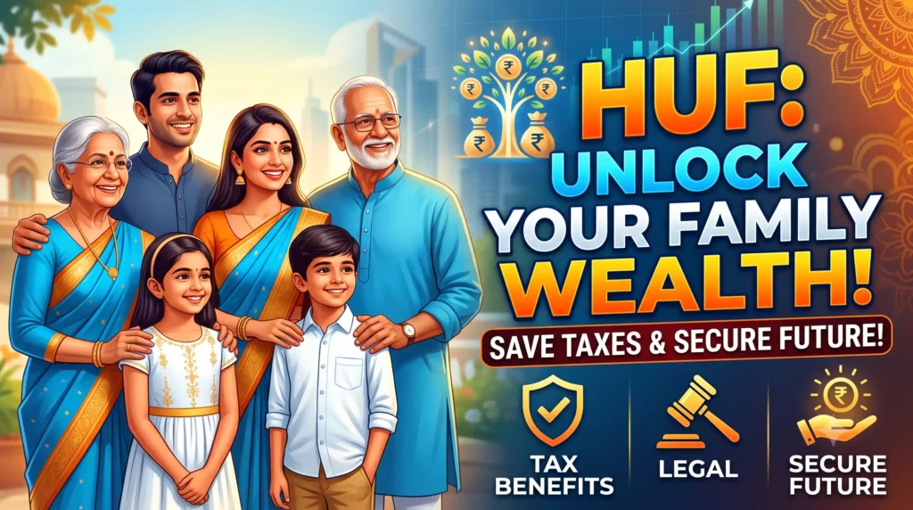 A dynamic blog thumbnail graphic with bold text "HUF: Unlock Your Family Wealth!" on the right. A multi-generational modern Indian family (grandparents, parents, two children) is smiling together on the left. The graphic includes a glowing 'money tree' illustration, subtext "Save Taxes & Secure Future!", and small icons representing tax benefits, legal recognition, and secure future. The background is a blend of traditional Indian motifs and a modern city skyline.