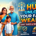 A dynamic blog thumbnail graphic with bold text "HUF: Unlock Your Family Wealth!" on the right. A multi-generational modern Indian family (grandparents, parents, two children) is smiling together on the left. The graphic includes a glowing 'money tree' illustration, subtext "Save Taxes & Secure Future!", and small icons representing tax benefits, legal recognition, and secure future. The background is a blend of traditional Indian motifs and a modern city skyline.