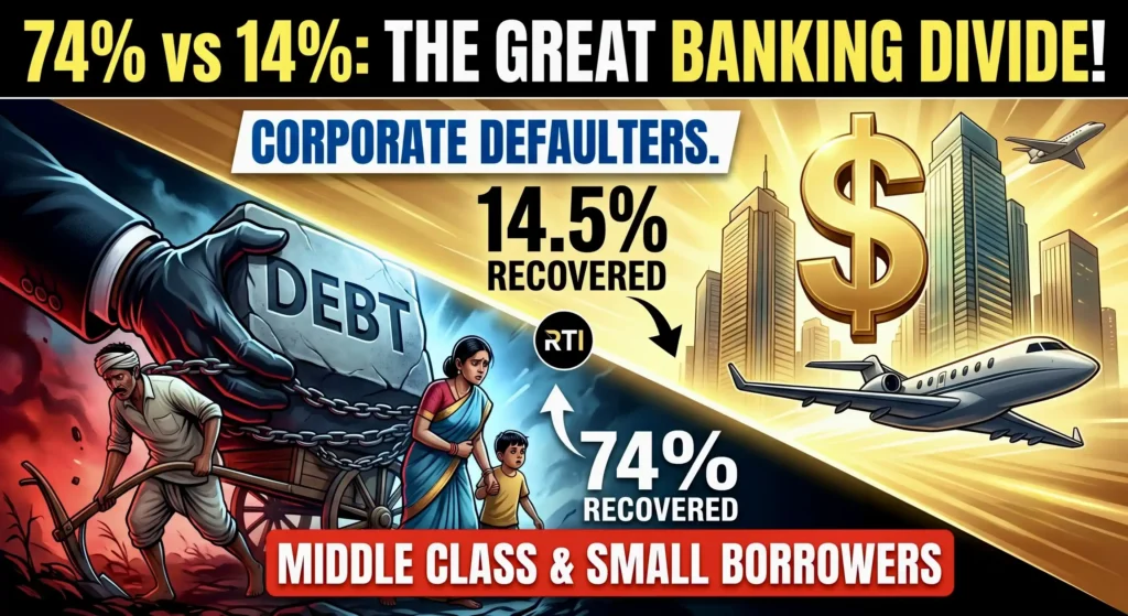 A detailed political infographic titled "74% vs 14%: THE GREAT BANKING DIVIDE!" using illustrative visuals to contrast loan recovery. On the right, the "CORPORATE DEFAULTERS." side shows high-rise buildings, anonymous jets, and a private airplane with gold dollar signs, indicating that only "14.5% RECOVERED" of debt. The left side, representing "ORGANIC-CLASS & SMALL BORROWERS", depicts a struggling family (husband, wife, child) and a farmer with a plow, all chained to a massive stone block labeled "DEBT" by a powerful, gloved corporate hand. This side states "74% RECOVERED" of debt. A central "RTI" (Right to Information) logo indicates the source of the data. The overall style is a stylized, unfair comparison graphic.