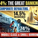 A detailed political infographic titled "74% vs 14%: THE GREAT BANKING DIVIDE!" using illustrative visuals to contrast loan recovery. On the right, the "CORPORATE DEFAULTERS." side shows high-rise buildings, anonymous jets, and a private airplane with gold dollar signs, indicating that only "14.5% RECOVERED" of debt. The left side, representing "ORGANIC-CLASS & SMALL BORROWERS", depicts a struggling family (husband, wife, child) and a farmer with a plow, all chained to a massive stone block labeled "DEBT" by a powerful, gloved corporate hand. This side states "74% RECOVERED" of debt. A central "RTI" (Right to Information) logo indicates the source of the data. The overall style is a stylized, unfair comparison graphic.