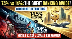 A detailed political infographic titled "74% vs 14%: THE GREAT BANKING DIVIDE!" using illustrative visuals to contrast loan recovery. On the right, the "CORPORATE DEFAULTERS." side shows high-rise buildings, anonymous jets, and a private airplane with gold dollar signs, indicating that only "14.5% RECOVERED" of debt. The left side, representing "ORGANIC-CLASS & SMALL BORROWERS", depicts a struggling family (husband, wife, child) and a farmer with a plow, all chained to a massive stone block labeled "DEBT" by a powerful, gloved corporate hand. This side states "74% RECOVERED" of debt. A central "RTI" (Right to Information) logo indicates the source of the data. The overall style is a stylized, unfair comparison graphic.