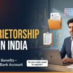 Young Indian entrepreneur with a laptop next to large text reading Sole Proprietorship Firm in India, surrounded by 3D icons for GST, Udyam registration, documents, and banking.