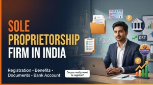 Young Indian entrepreneur with a laptop next to large text reading Sole Proprietorship Firm in India, surrounded by 3D icons for GST, Udyam registration, documents, and banking.
