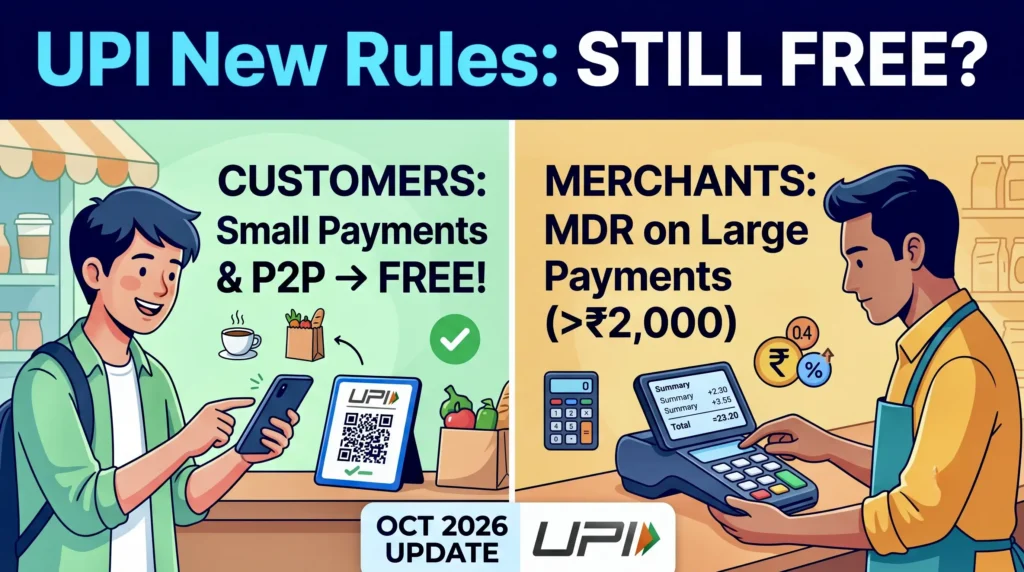 Illustration explaining the October 2026 UPI new rules, showing UPI remains completely free for customers while merchants pay MDR on transactions above 2000 rupees.