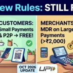 Illustration explaining the October 2026 UPI new rules, showing UPI remains completely free for customers while merchants pay MDR on transactions above 2000 rupees.