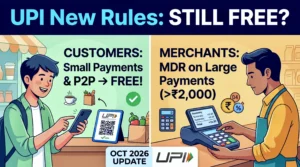 Illustration explaining the October 2026 UPI new rules, showing UPI remains completely free for customers while merchants pay MDR on transactions above 2000 rupees.
